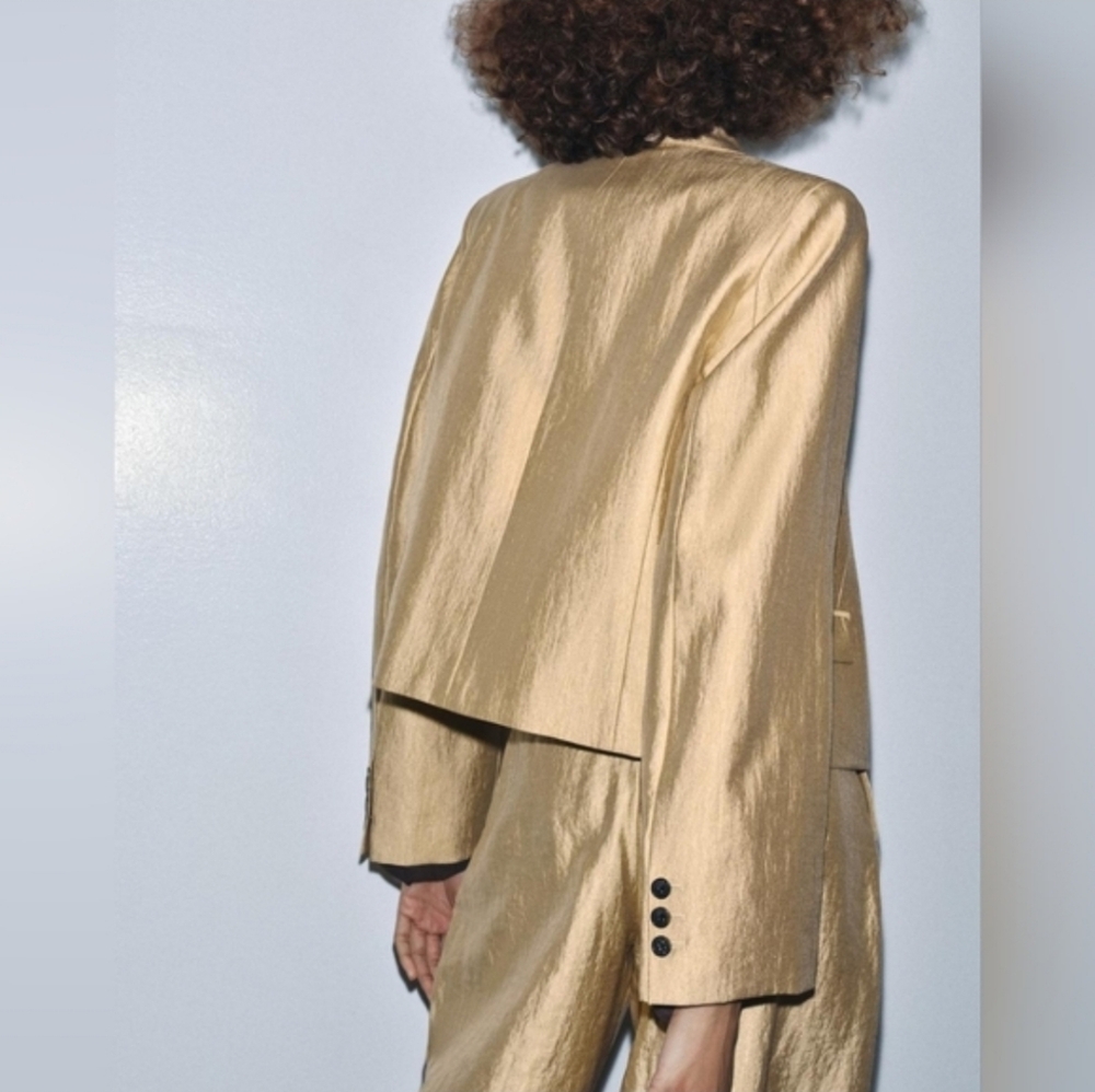 ZARA SET 2 pc METALLIC BLAZER JACKET AND WIDE PANTS GOLD SIZE S/M - Picture 7 of 13